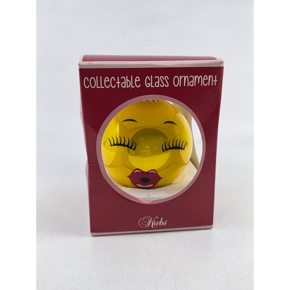Krebs‎ Hugs and Kisses Yellow Winking Face Glass Christmas Ornament Made in USA